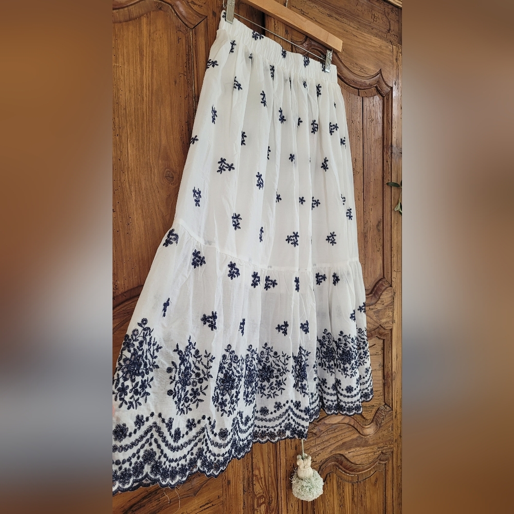 White & Navy Embroidered Tiered Cotton Skirt